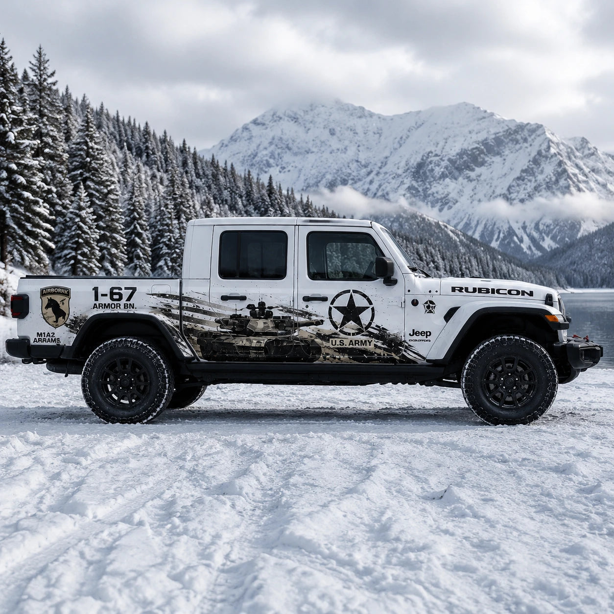 Jeep Gladiator Rubicon US Army M1A2 Abrams decal – full passenger side view at snowy alpine lake