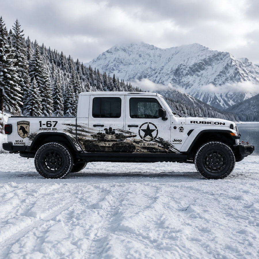 Jeep Gladiator Rubicon US Army M1A2 Abrams decal – full passenger side view at snowy alpine lake