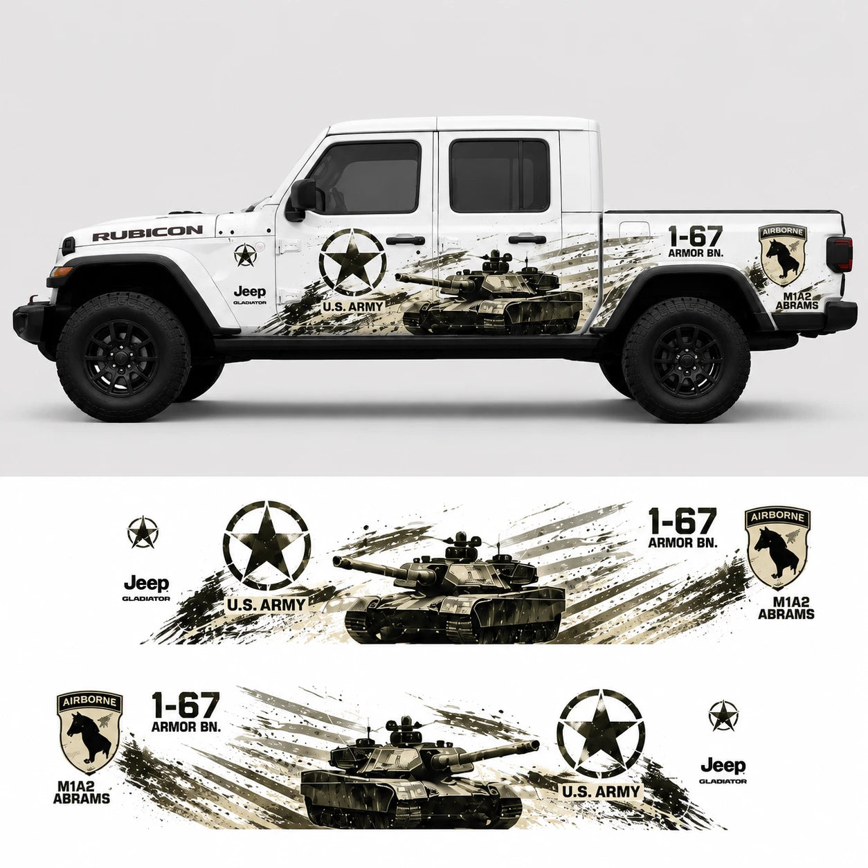 Jeep Gladiator Rubicon US Army M1A2 Abrams decal kit – full side profile and flat decal layout on white background