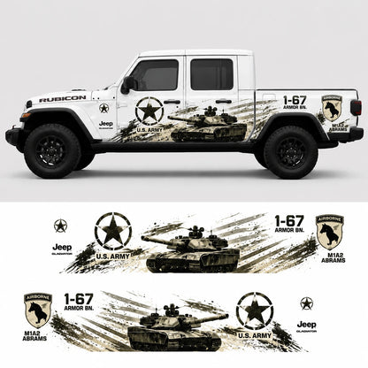 Jeep Gladiator Rubicon US Army M1A2 Abrams decal kit – full side profile and flat decal layout on white background