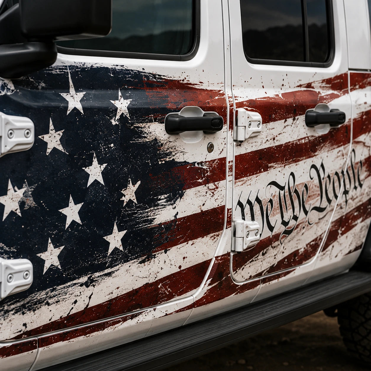 Jeep Gladiator Rubicon We The People 1776 American flag decal – close-up door panel distressed flag and Constitution script detail