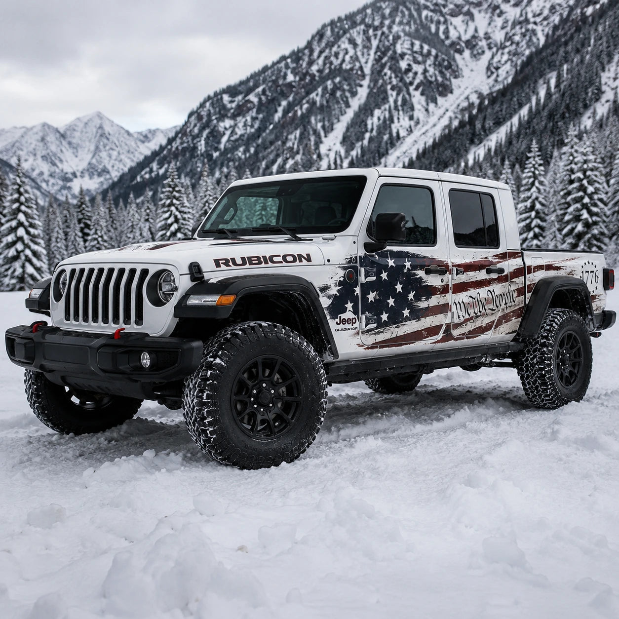 Jeep Gladiator Rubicon We The People 1776 American flag decal – front 3/4 view in snowy alpine pine forest mountain setting