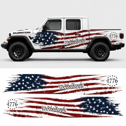 Jeep Gladiator Rubicon We The People 1776 American flag decal kit – full side profile and flat decal layout on white background