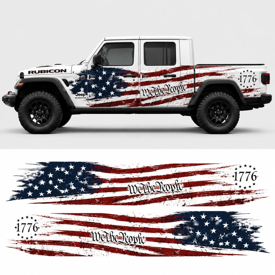 Jeep Gladiator Rubicon We The People 1776 American flag decal kit – full side profile and flat decal layout on white background