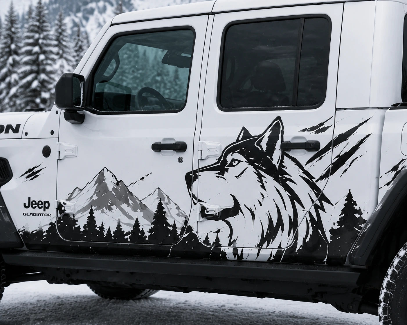 Jeep Gladiator Rubicon wolf mountain decal – close-up door panel wolf portrait detail in snow