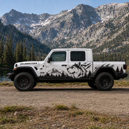 Jeep Gladiator Rubicon wolf mountain decal – full driver side view at alpine lake in summer
