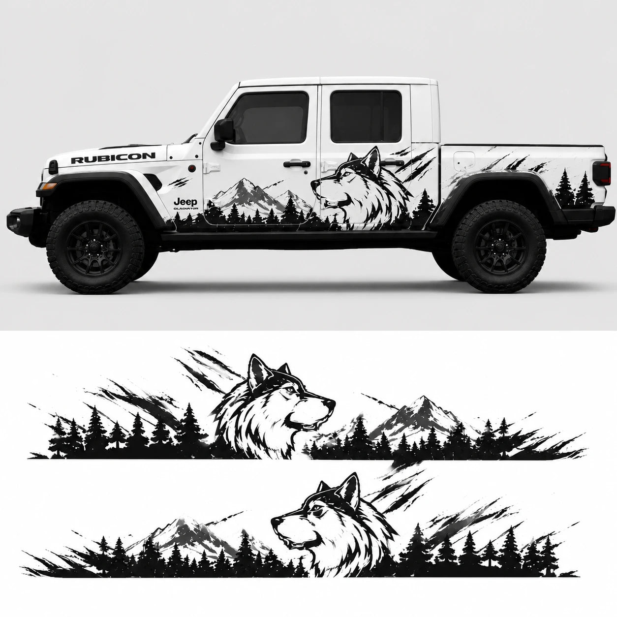 Jeep Gladiator Rubicon wolf mountain decal – full side profile and flat decal layout on white background