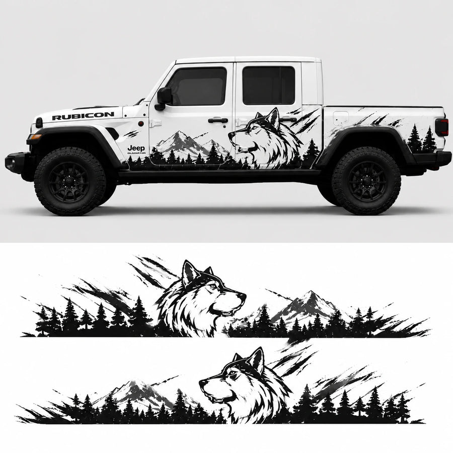 Jeep Gladiator Rubicon wolf mountain decal – full side profile and flat decal layout on white background
