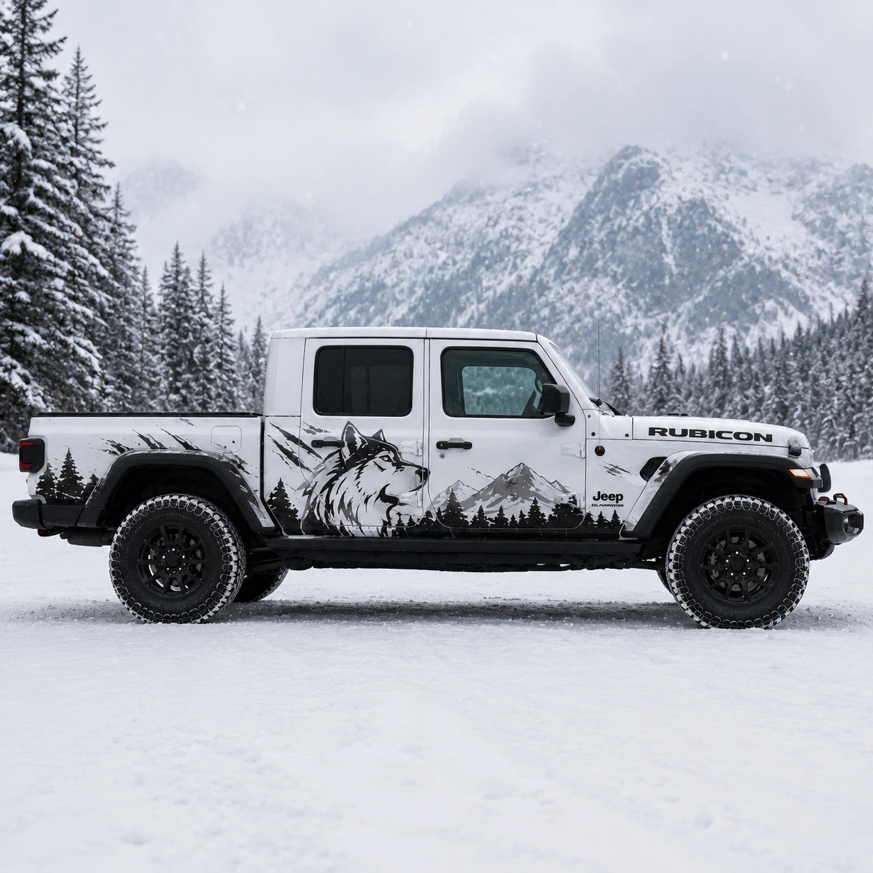Jeep Gladiator Rubicon wolf mountain decal – full passenger side view in snowy mountain setting
