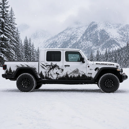 Jeep Gladiator Rubicon wolf mountain decal – full passenger side view in snowy mountain setting