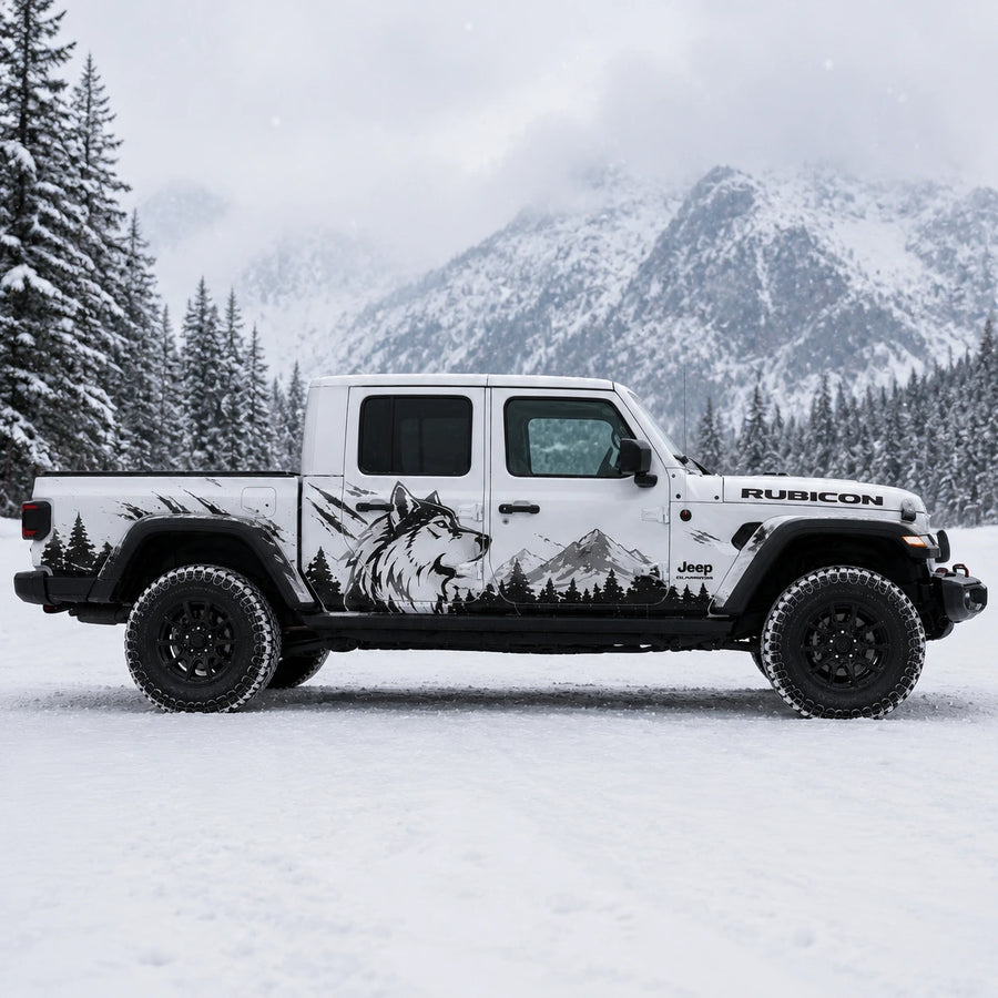 Jeep Gladiator Rubicon wolf mountain decal – full passenger side view in snowy mountain setting