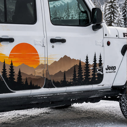 Jeep Gladiator sunset mountain decal – close-up door panel detail in snowy alpine setting