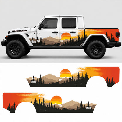 Jeep Gladiator sunset mountain decal – full side profile with flat decal layout on white background