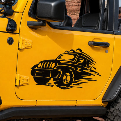 Jeep off-road speed graphic vinyl decal close-up on yellow Jeep Wrangler JL door panel showing detail
