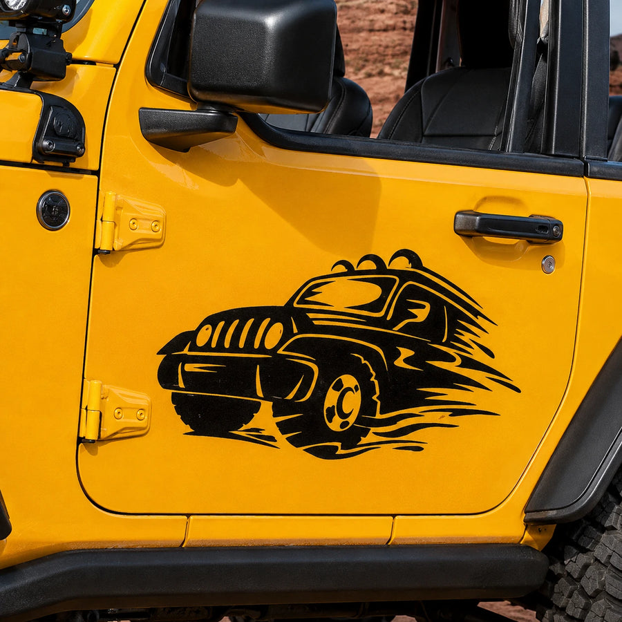 Jeep off-road speed graphic vinyl decal close-up on yellow Jeep Wrangler JL door panel showing detail