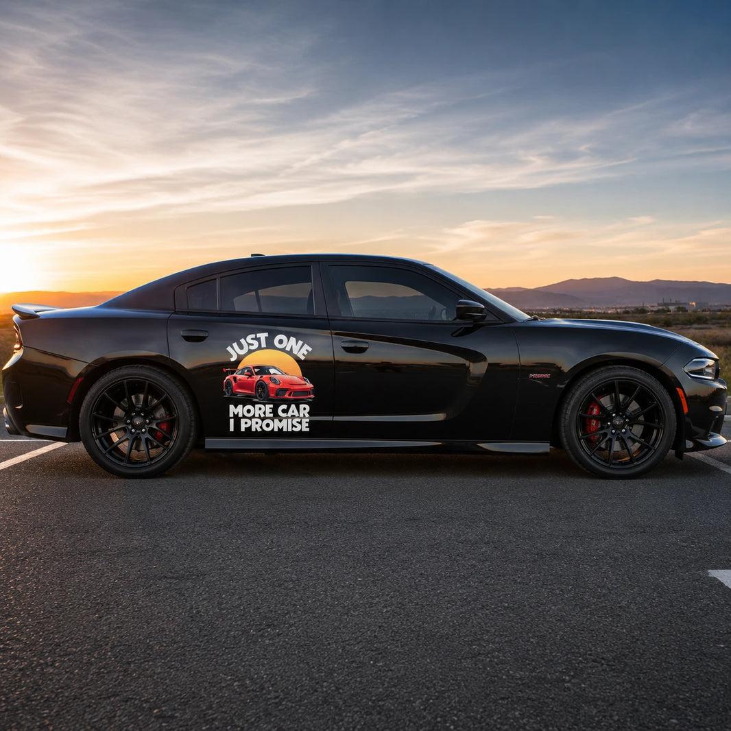Just One More Car I Promise large vinyl car decal on black Dodge Charger door at sunset – funny car enthusiast sticker