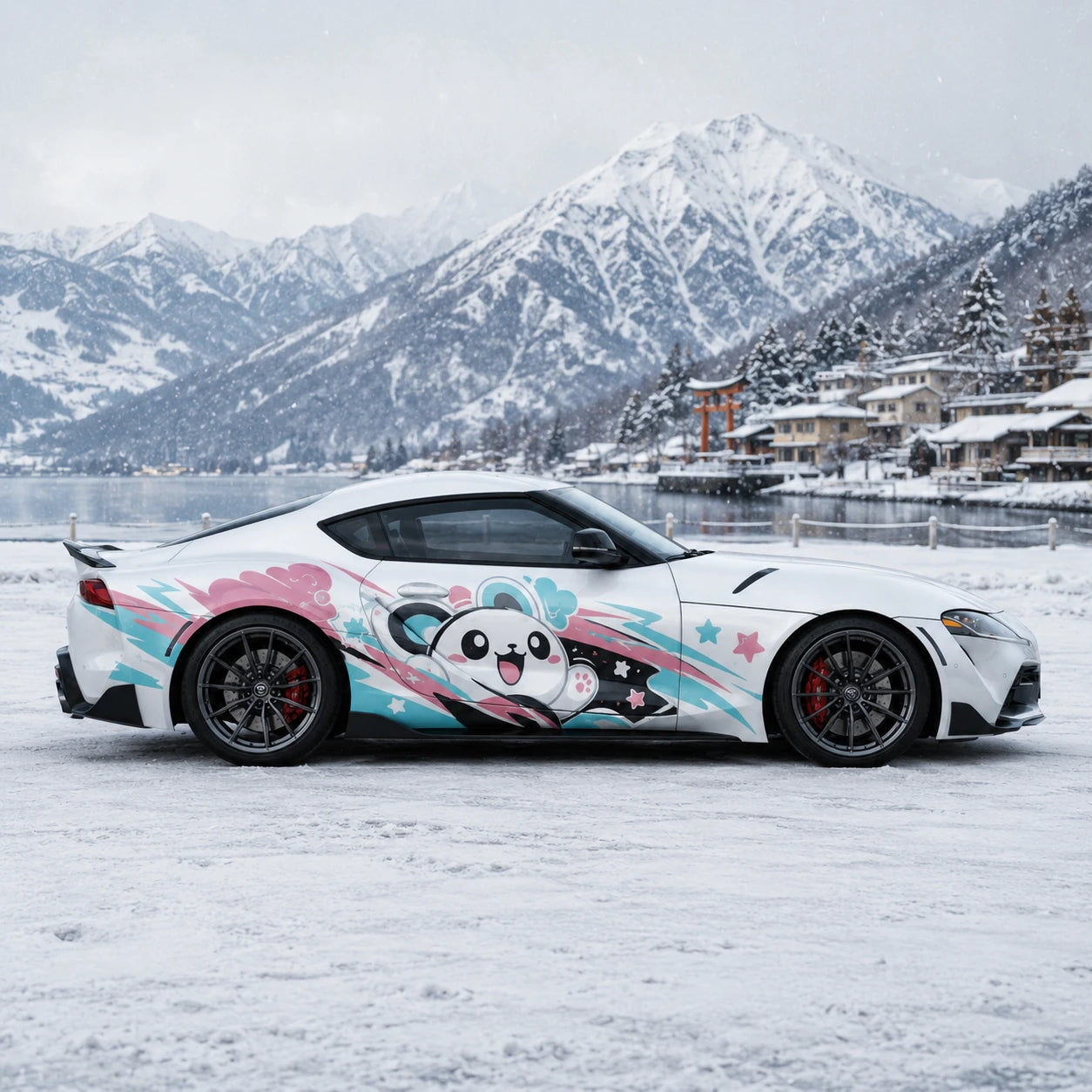 White Toyota Supra GR with kawaii panda car side decal – full side profile by snowy Japanese alpine mountain lake