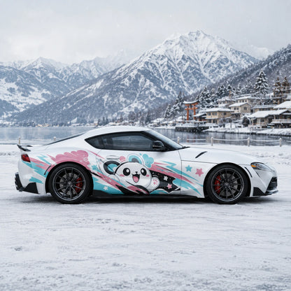 White Toyota Supra GR with kawaii panda car side decal – full side profile by snowy Japanese alpine mountain lake