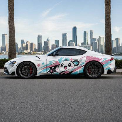 White Toyota Supra GR with kawaii panda anime side decal – full side profile with Miami city skyline and palm trees backdrop