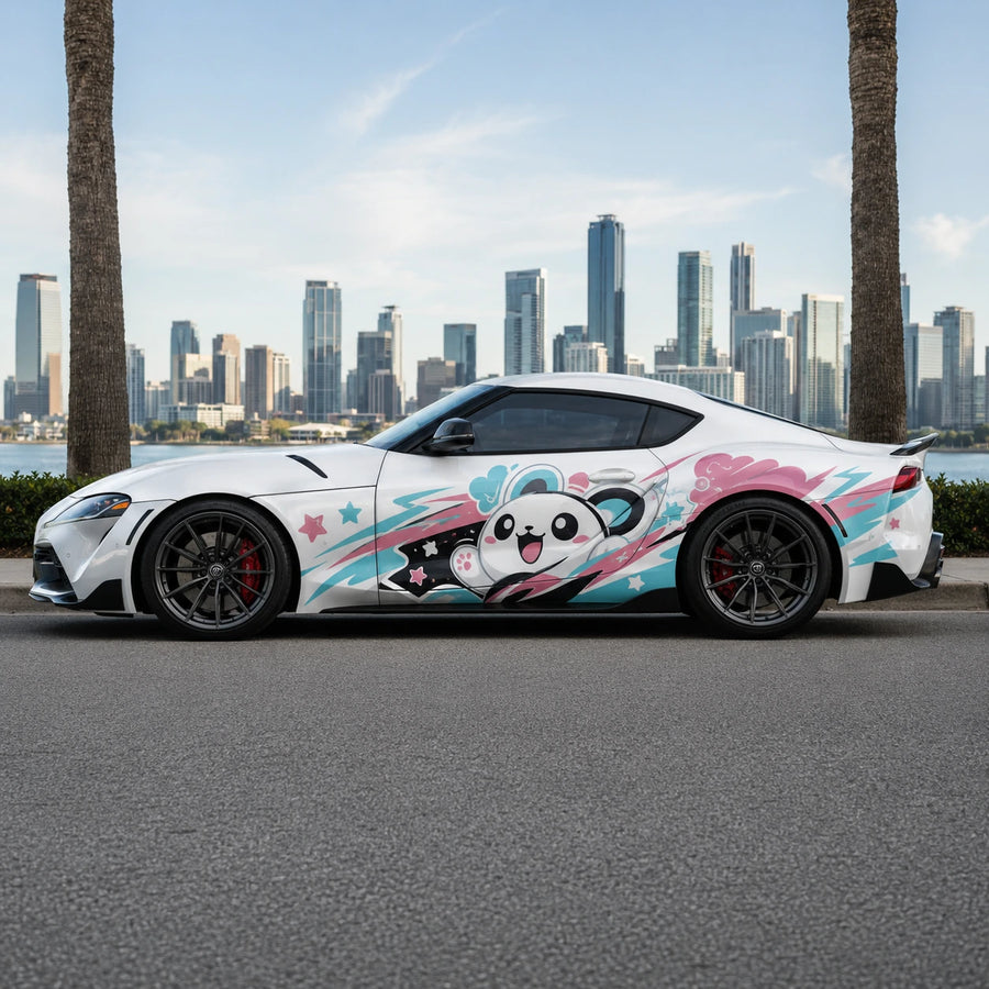 White Toyota Supra GR with kawaii panda anime side decal – full side profile with Miami city skyline and palm trees backdrop