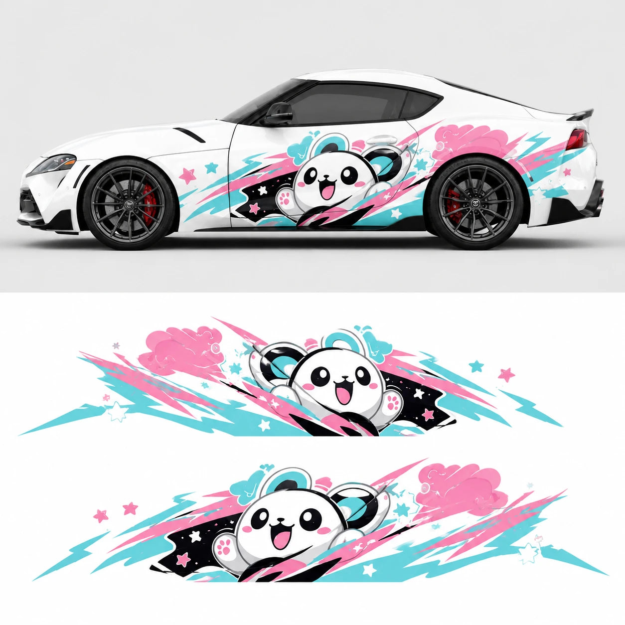 Kawaii panda car side decal mockup on white Toyota Supra GR – full side profile with flat left and right decal artwork below