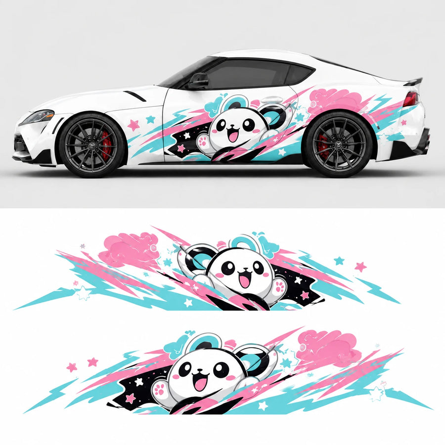 Kawaii panda car side decal mockup on white Toyota Supra GR – full side profile with flat left and right decal artwork below