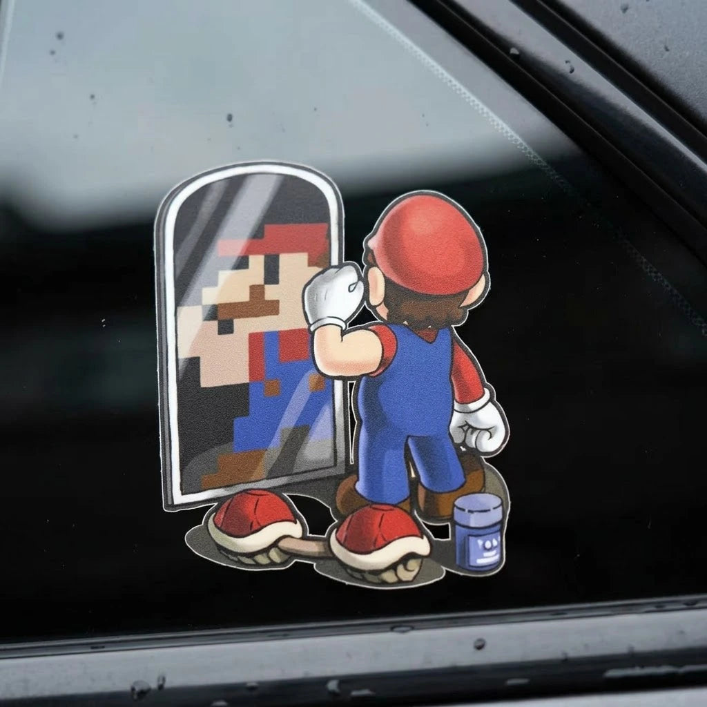 Mario mirror reflection car window decal close-up on dark tinted glass – 3D Mario vs 8-bit pixel Mario vinyl sticker