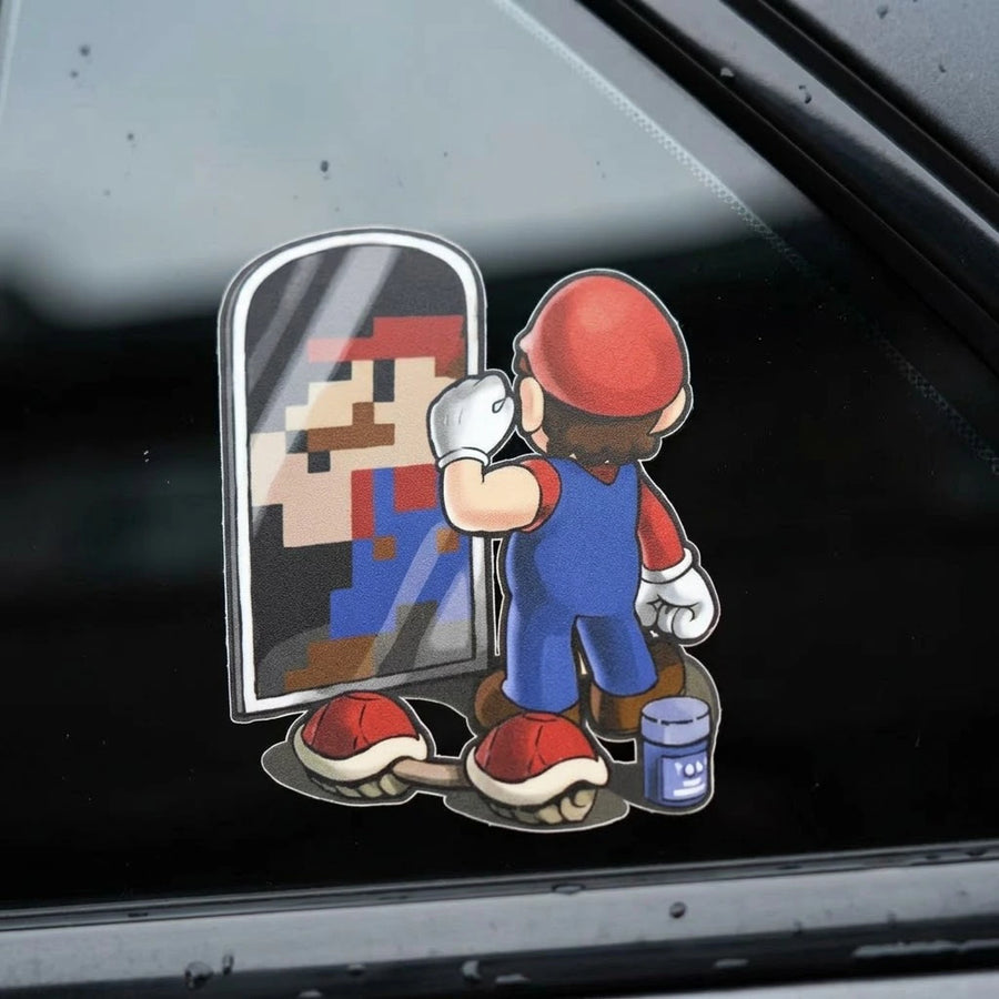 Mario mirror reflection car window decal close-up on dark tinted glass – 3D Mario vs 8-bit pixel Mario vinyl sticker