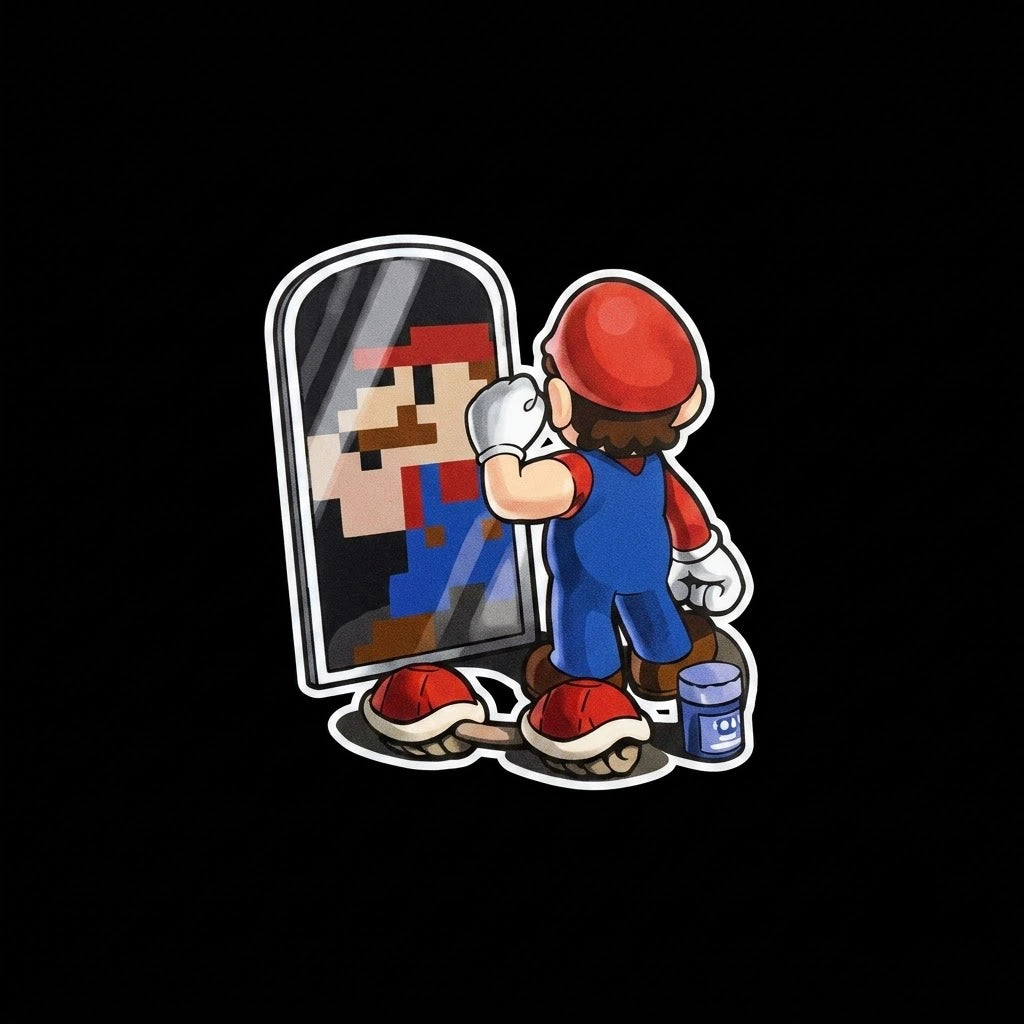 Mario mirror reflection funny gaming car decal design on black background – Nintendo 8-bit pixel art vinyl sticker by WEEM Custom