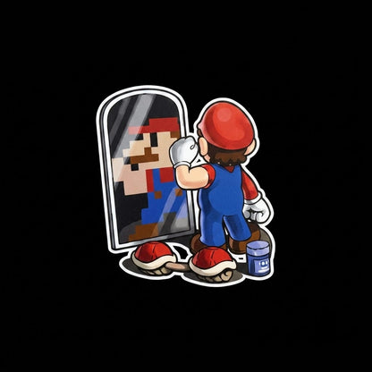Mario mirror reflection funny gaming car decal design on black background – Nintendo 8-bit pixel art vinyl sticker by WEEM Custom