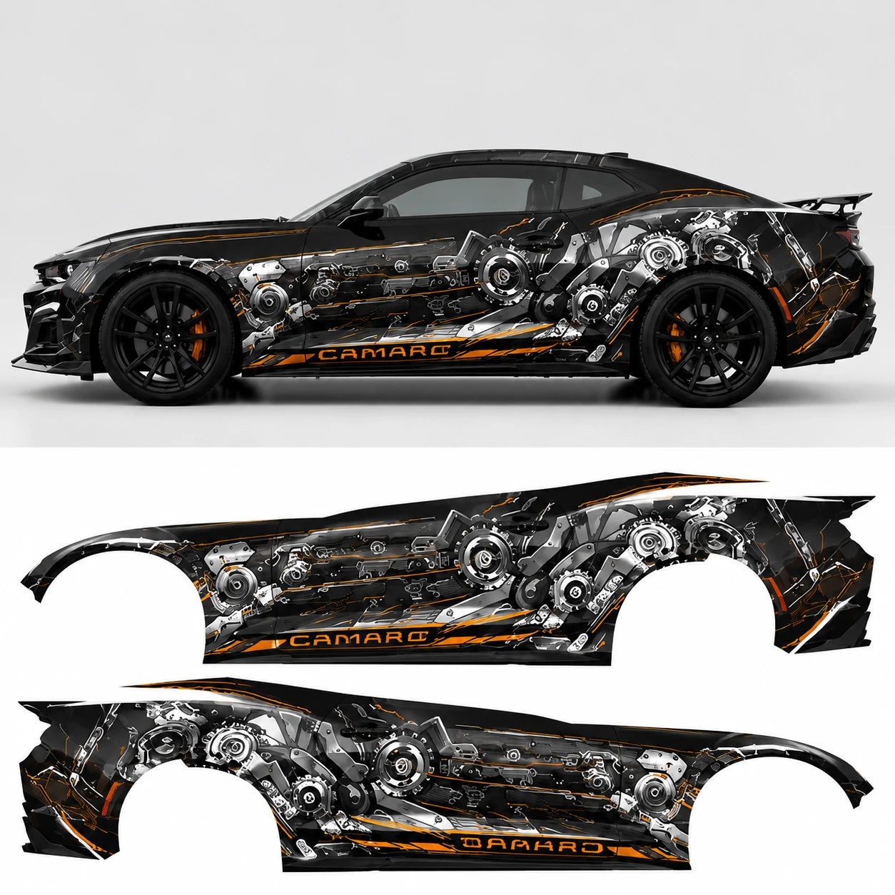 Mechanical gear car side decal mockup on black Chevrolet Camaro ZL1 – side profile with flat left and right decal artwork below