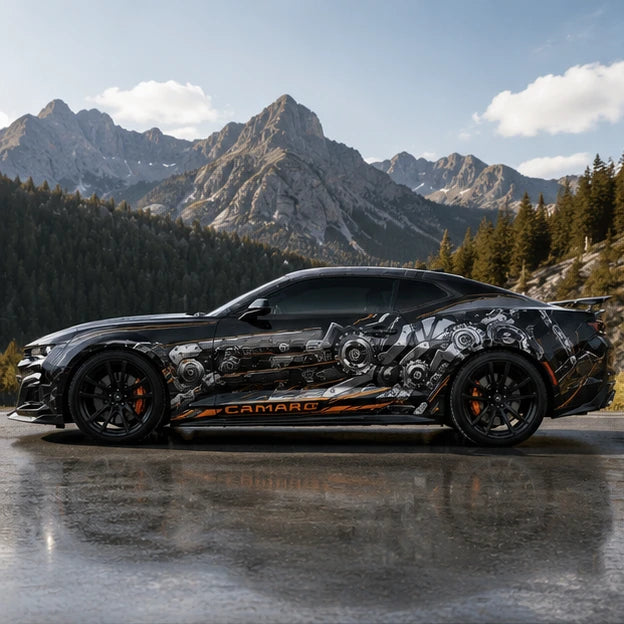 Black Chevrolet Camaro ZL1 with chrome gear cyberpunk side decal – full side profile on wet mountain road with rocky peaks