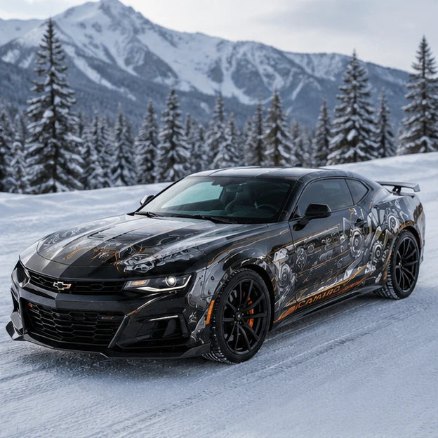 Black Chevrolet Camaro ZL1 with mechanical gear side decal – front 3/4 view in snowy winter mountain landscape