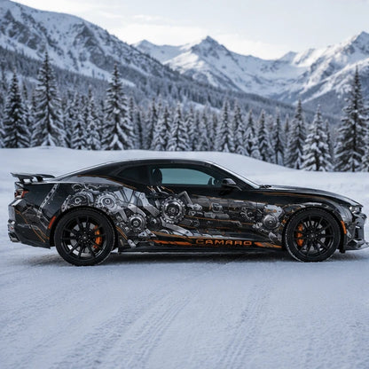 Black Chevrolet Camaro ZL1 with mechanical gear cyberpunk side decal – full side profile in snowy alpine mountain setting