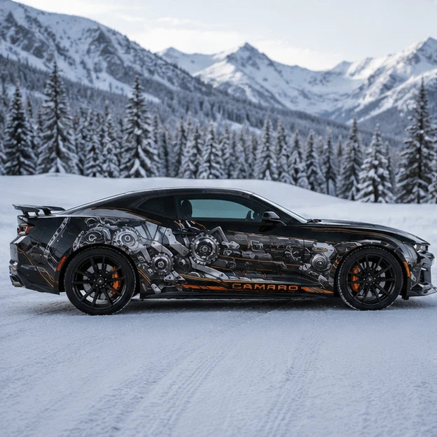Black Chevrolet Camaro ZL1 with mechanical gear cyberpunk side decal – full side profile in snowy alpine mountain setting
