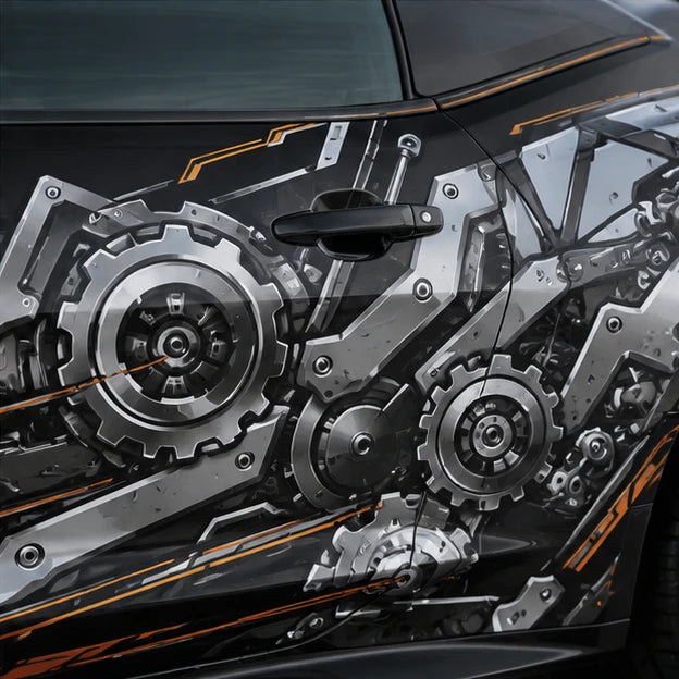 Close-up of hyper-realistic chrome gear and engine parts vinyl decal on black Camaro door panel – detailed mechanical artwork view