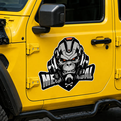 Mechanical Gorilla vinyl decal sticker on yellow Jeep Wrangler door close up