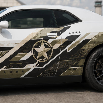 Military star camo side decal on white Dodge Challenger parked on airfield tarmac