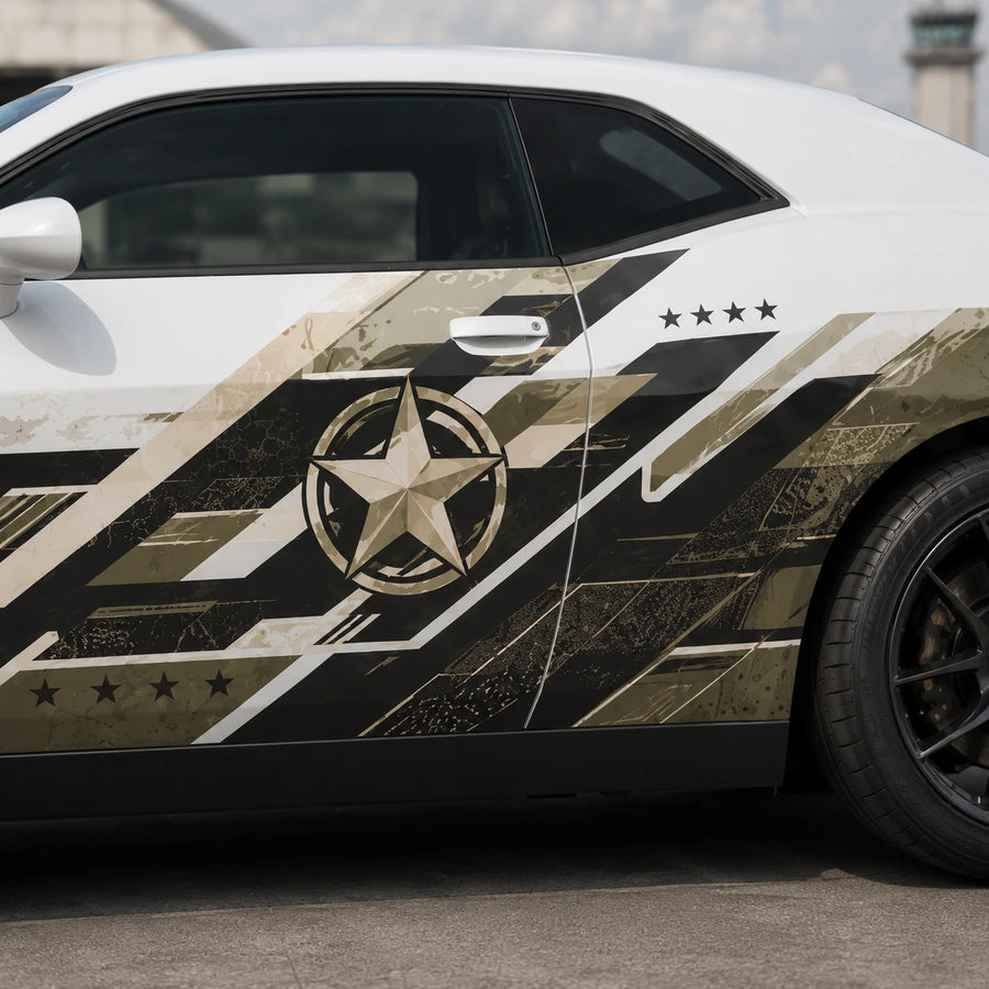 Military star camo side decal on white Dodge Challenger parked on airfield tarmac