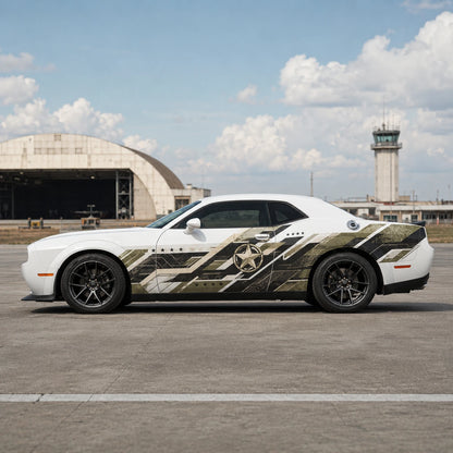 Military star camo side decal close up on white Dodge Challenger door panel at airfield
