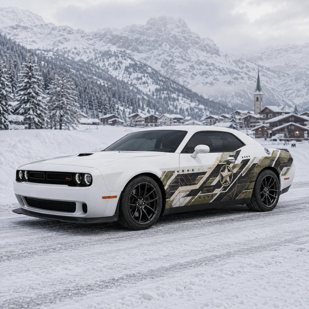 Military star camo side decal on white Dodge Challenger front three quarter view snowy alpine village