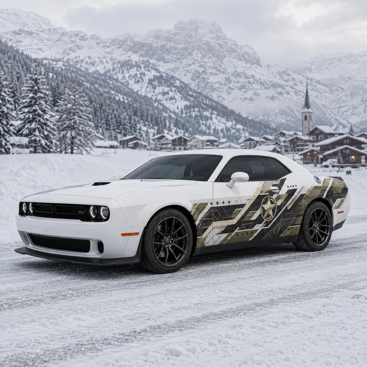 Military star camo side decal on white Dodge Challenger front three quarter view snowy alpine village