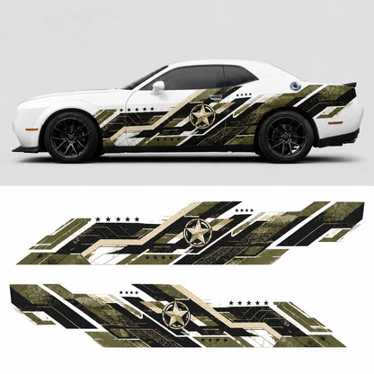 Military star camo side decal on white Dodge Challenger full side view and flat decal layout