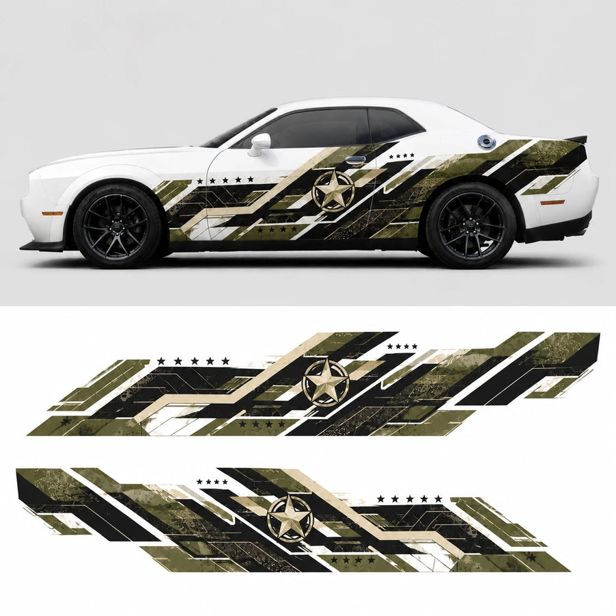 Military star camo side decal on white Dodge Challenger full side view and flat decal layout