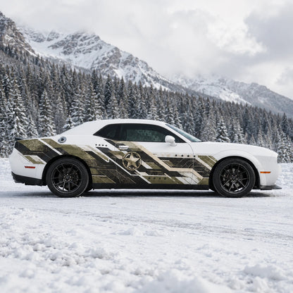 Military star camo side decal on white Dodge Challenger side profile snowy mountain forest