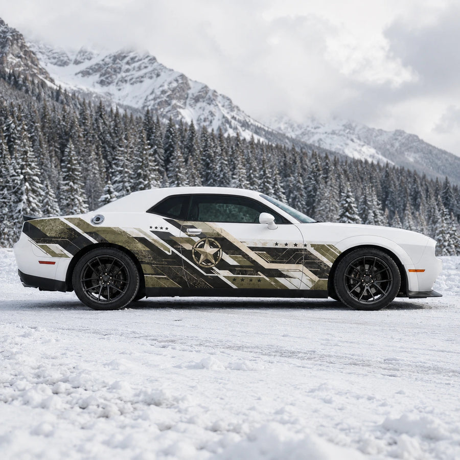 Military star camo side decal on white Dodge Challenger side profile snowy mountain forest