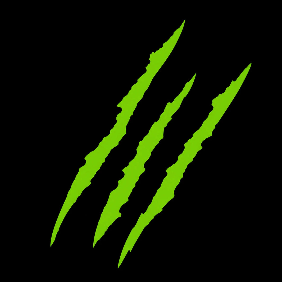 Green monster claw scratch vinyl decal design isolated on black background showing three sharp diagonal claw marks