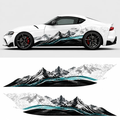 Mountain landscape car side decal mockup on white Toyota Supra GR – full side profile with flat left and right decal artwork below
