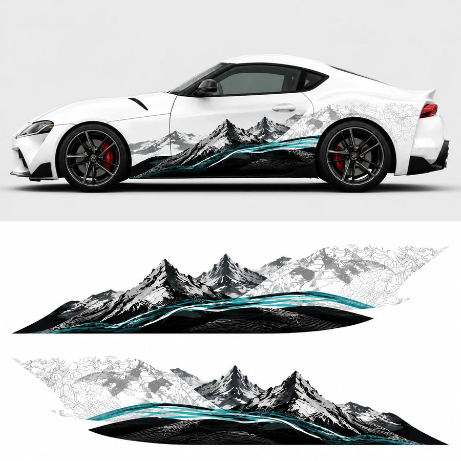 Mountain landscape car side decal mockup on white Toyota Supra GR – full side profile with flat left and right decal artwork below