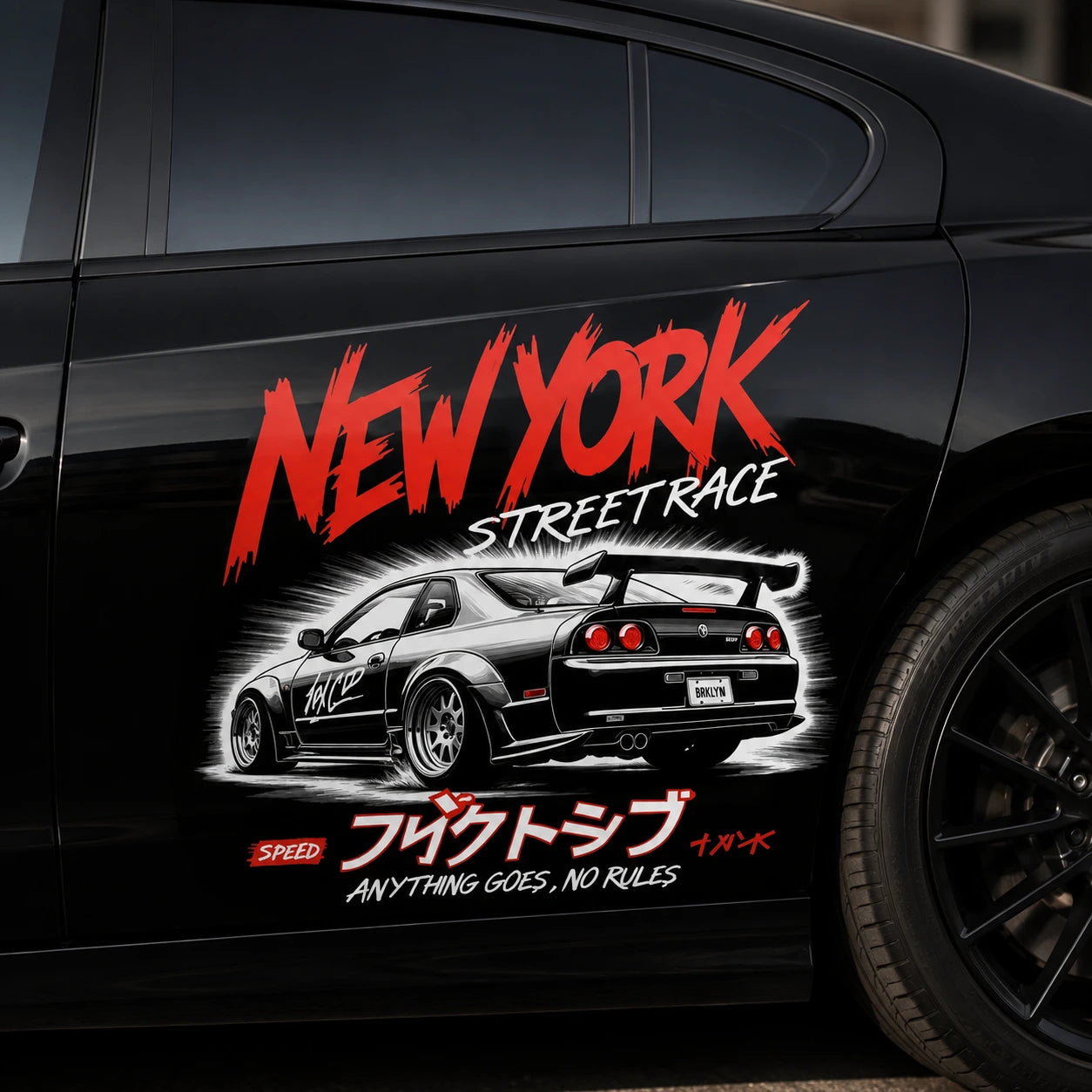 New York Street Race JDM car door decal close-up on black car – Nissan Skyline R34 manga vinyl sticker with red typography